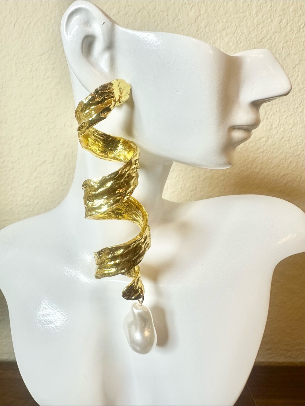 Chunky & Long Gold-Plated Baroque Spiral Drop Earring with Pearl Accent